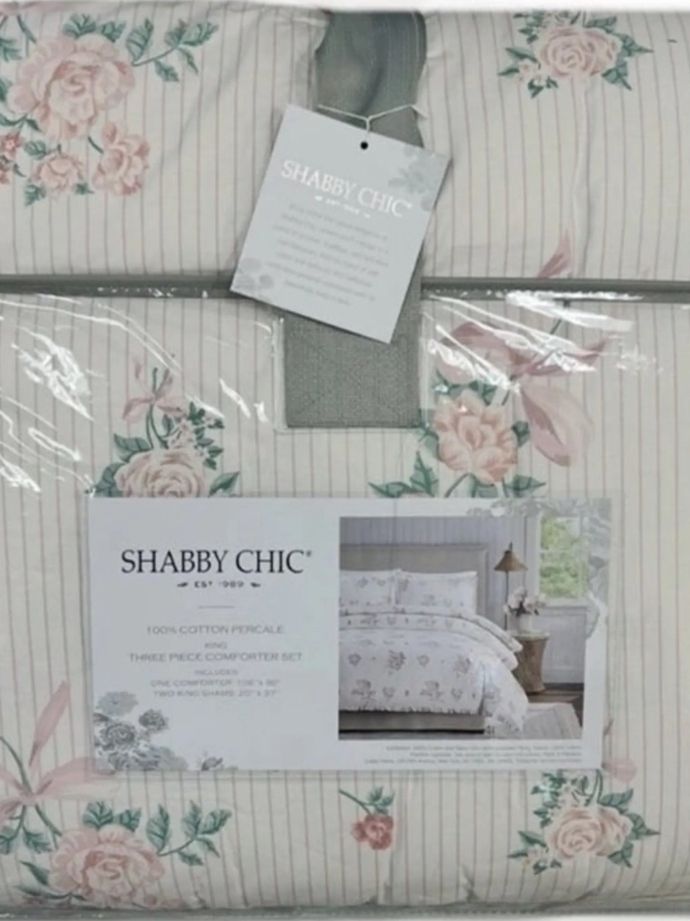 Shabby Chic Pink Rose Stripe Cotton Percale Comforter Set